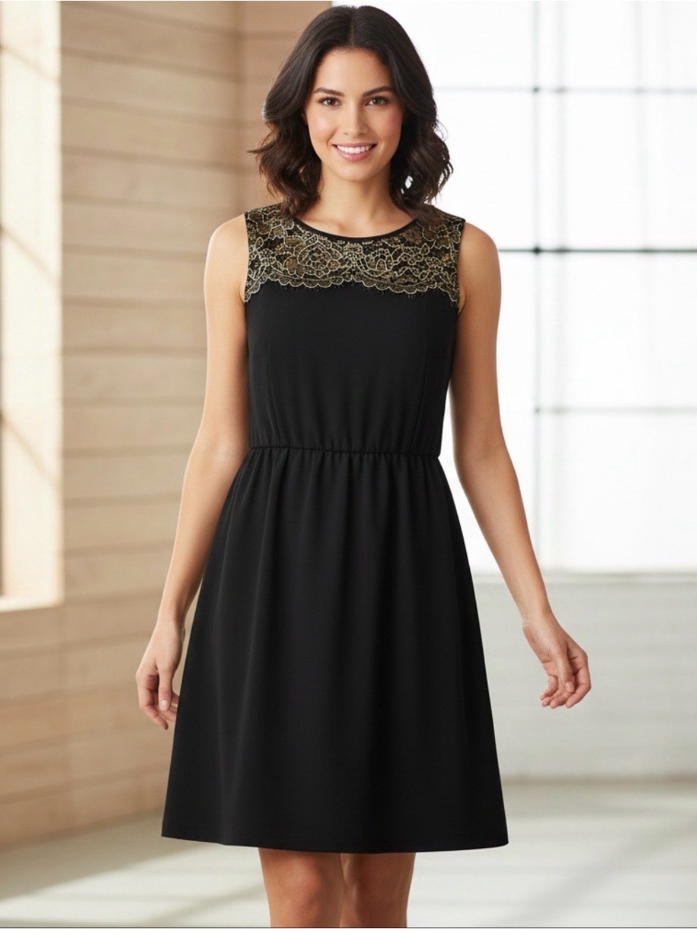 LOFT Black Dress with Gold Lace Yoke